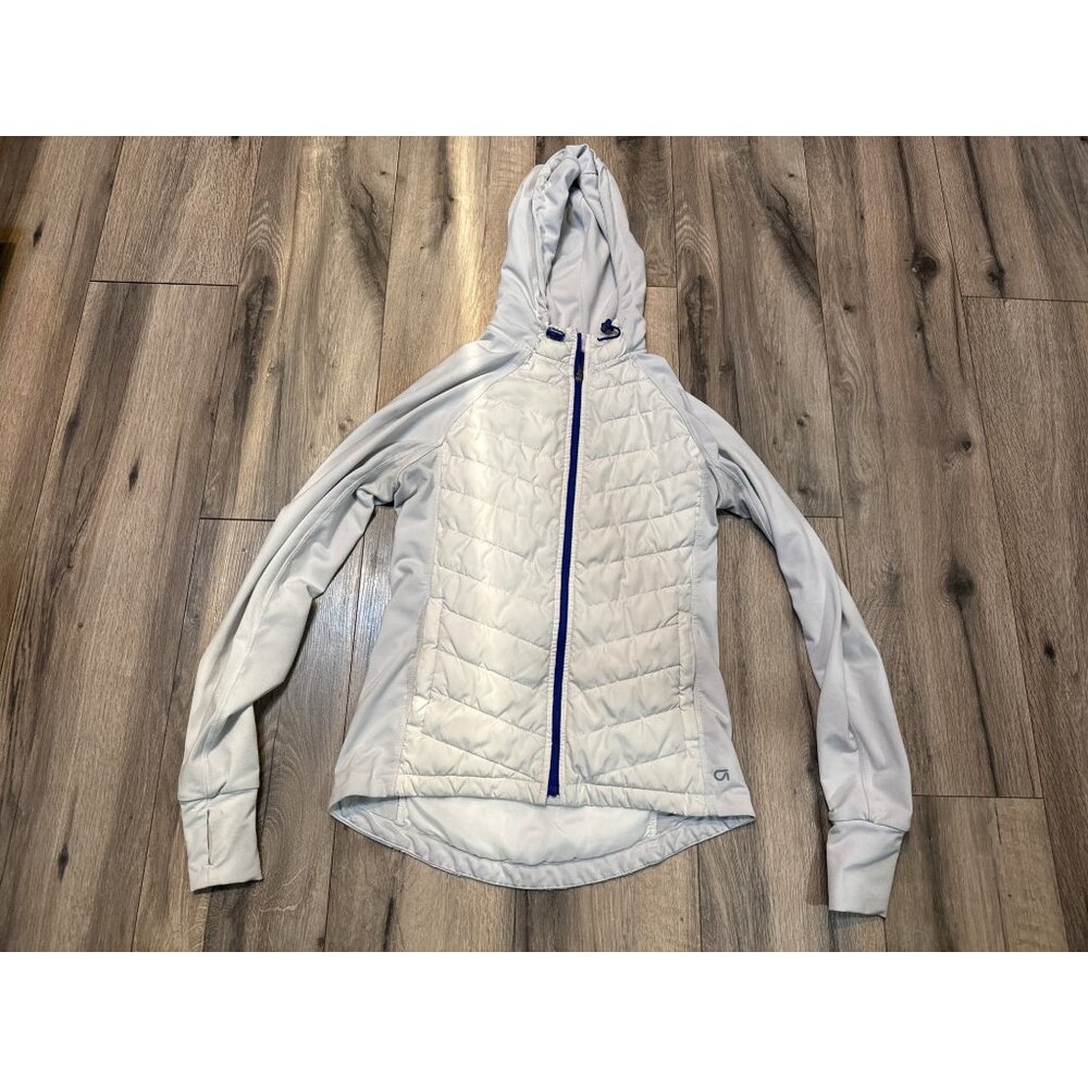 GapFit XS Womens Quilted Hoodie Jacket Gray White With Blue Trim Full-Zip Stretc